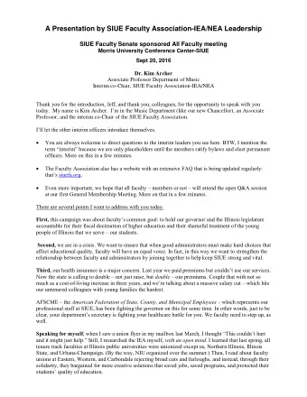 A Presentation by SIUE Faculty Association-IEA/NEA Leadership  SIUE Faculty Senate sponsored All