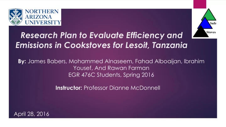 research plan to evaluate efficiency and emissions in