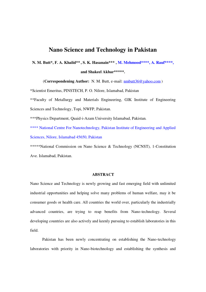 nano science and technology in pakistan