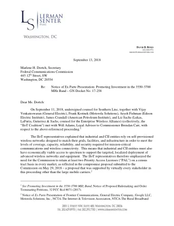 D AVID D. R INES  202.416.6751 DRINES @ LERMANSENTER . COM  September 13, 2018  Marlene H. Dortch,