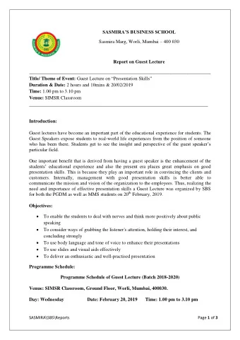 SASMIRAS BUSINESS SCHOOL Sasmira Marg, Worli, Mumbai  400 030  Report on Guest Lecture