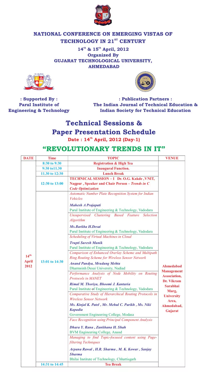 paper presentation schedule technical sessions