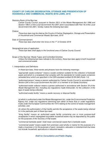 COUNTY OF CARLOW (SEGREGATION, STORAGE AND PRESENTATION OF HOUSEHOLD AND COMMERCIAL WASTE)