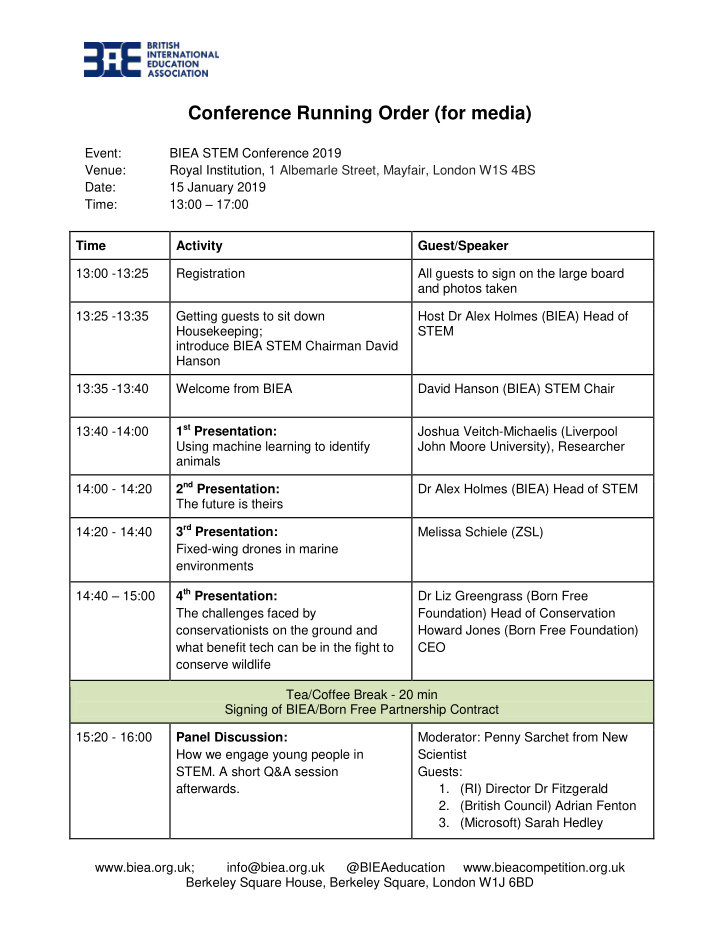 conference running order for media