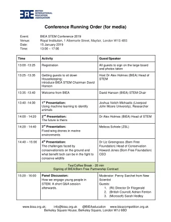 Conference Running Order (for media)  Event:  BIEA STEM Conference 2019  Venue:  Royal Institution,
