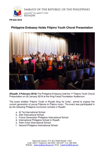 Philippine Embassy Holds Filipino Youth Choral Presentation (Riyadh, 4 February 2018) The