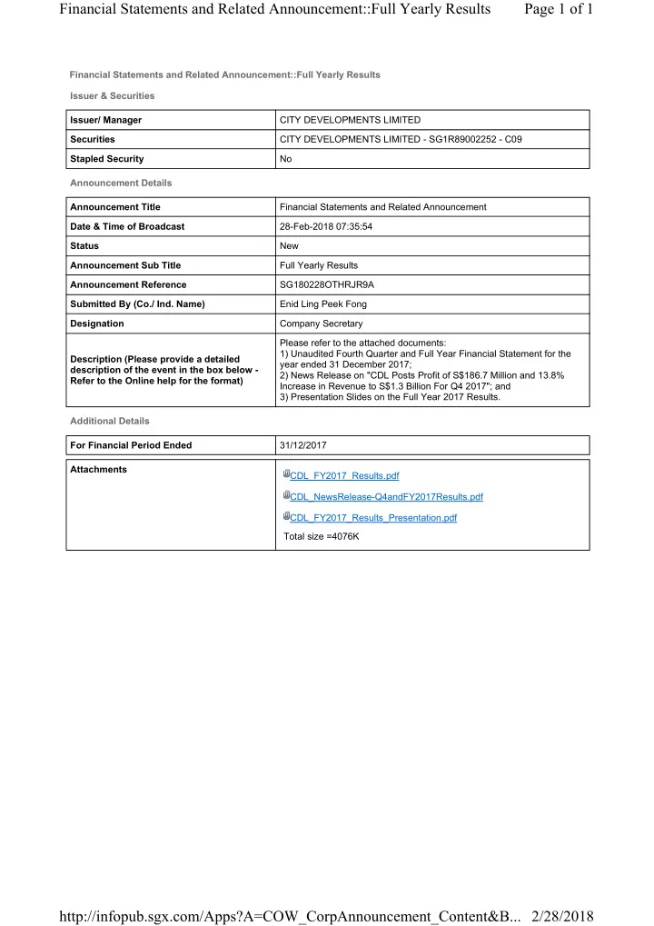 financial statements and related announcement full yearly