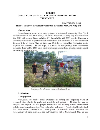 REPORT  ON ROLE OF COMMUNITY IN URBAN DOMESTIC WASTE  TREATMENT  Ms. Trinh Thi Hong,  Head of the