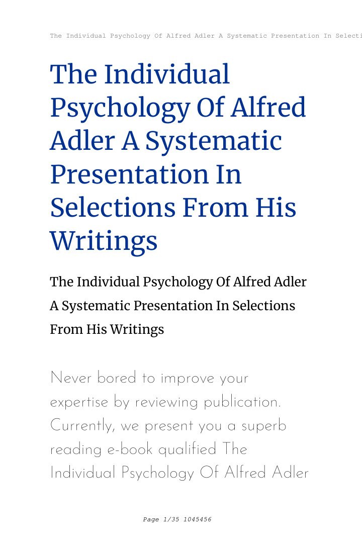 the individual psychology of alfred adler a systematic