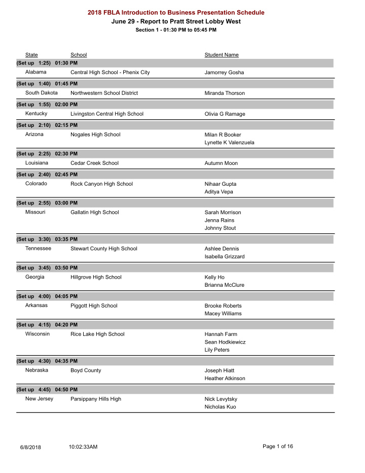 2018 fbla introduction to business presentation schedule