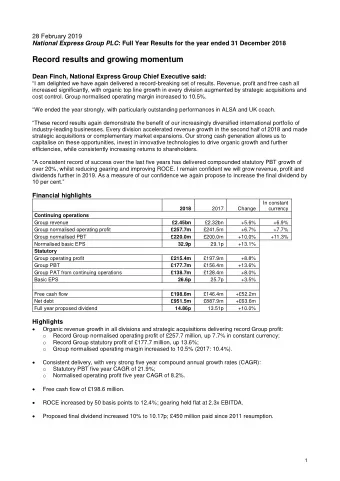 Record results and growing momentum  Dean Finch, National Express Group Chief Executive said: I