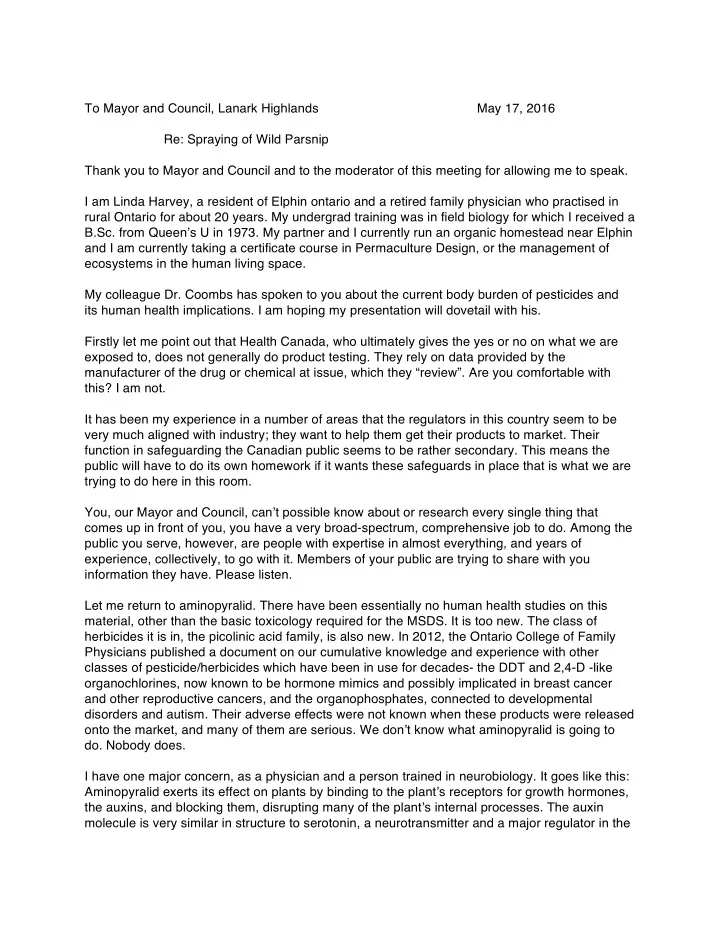to mayor and council lanark highlands may 17 2016 re