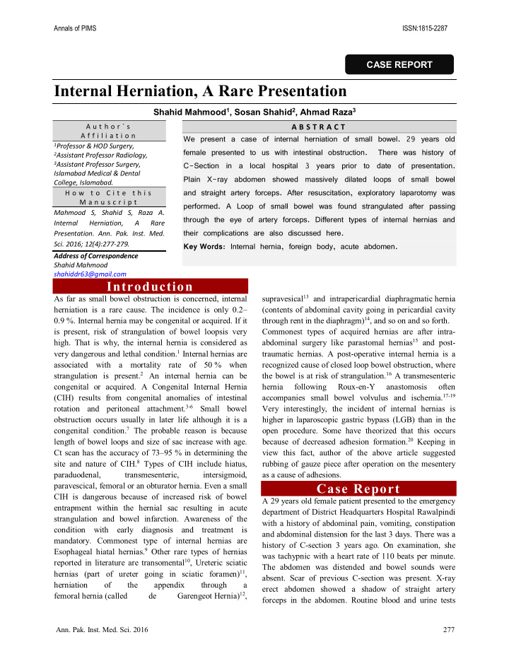 case report internal herniation a rare presentation