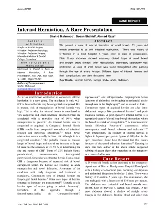 CASE REPORT  Internal Herniation, A Rare Presentation Shahid Mahmood 1 , Sosan Shahid 2 , Ahmad