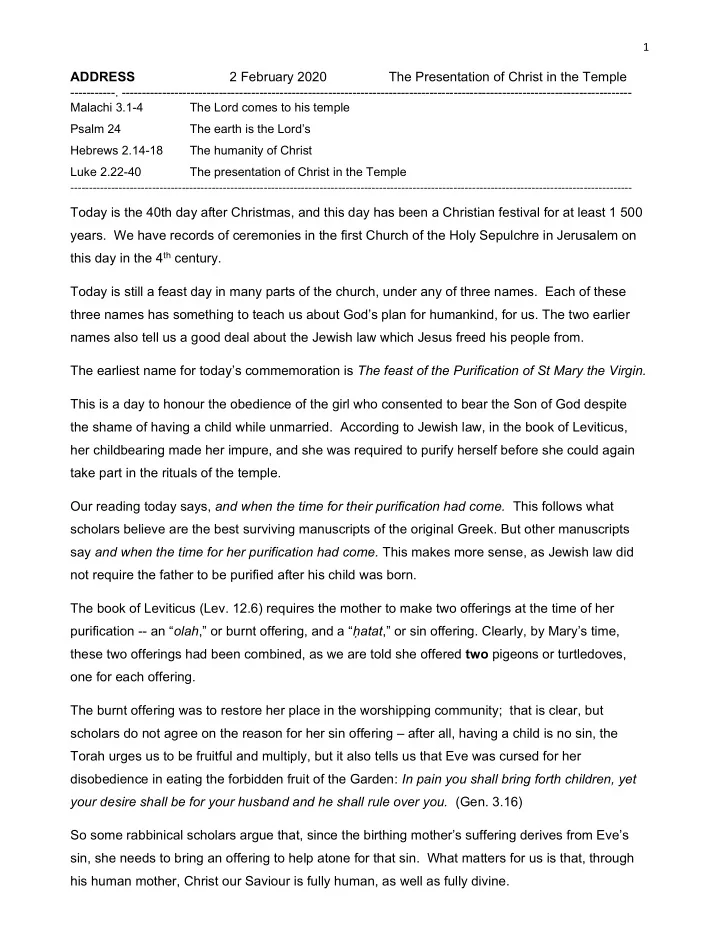 address 2 february 2020 the presentation of christ in the