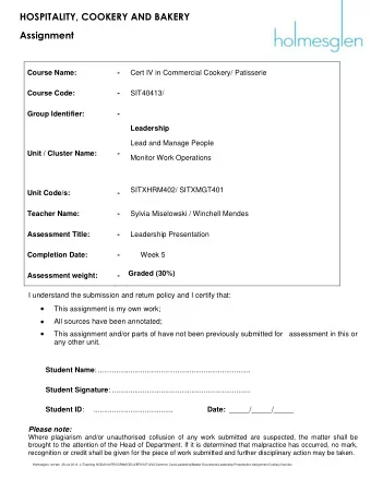 HOSPITALITY, COOKERY AND BAKERY  Assignment  Course Name:  -  Cert IV in Commercial Cookery/