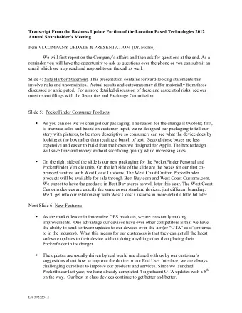 Transcript From the Business Update Portion of the Location Based Technologies 2012  Annual