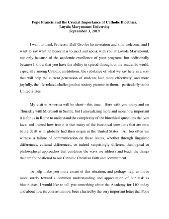 Pope Francis and the Crucial Importance of Catholic Bioethics.  Loyola Marymount University