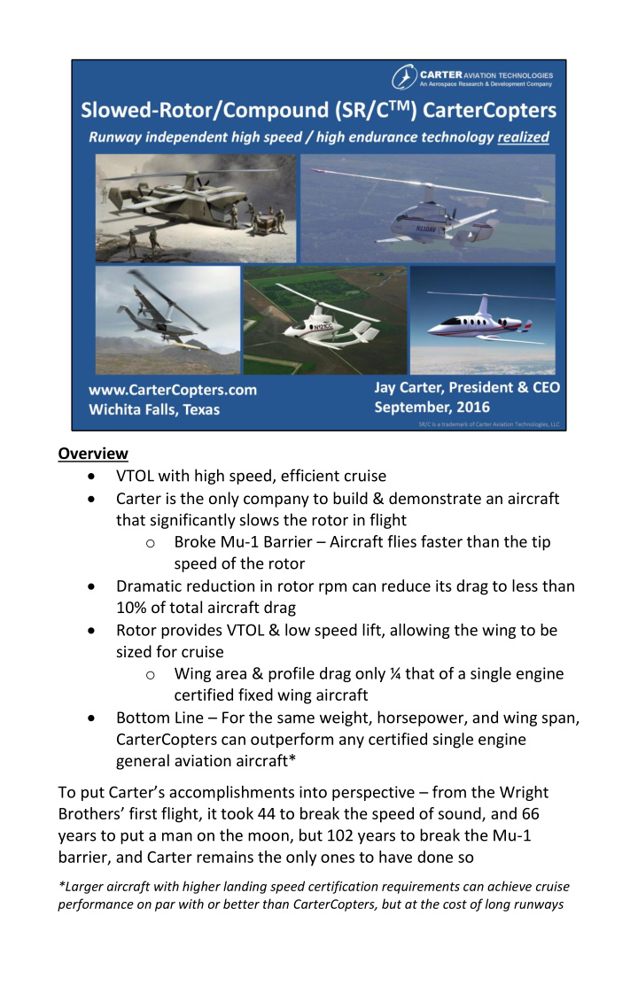 overview vtol with high speed efficient cruise carter is