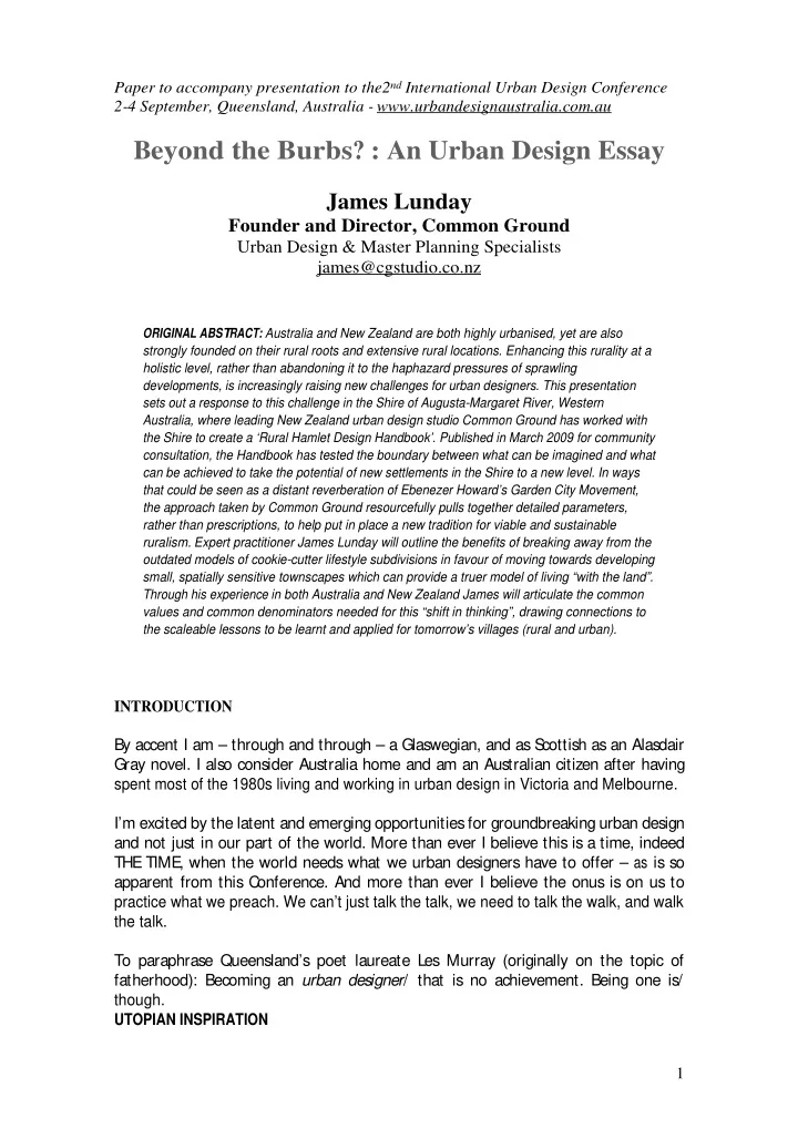 paper to accompany presentation to the2 nd international