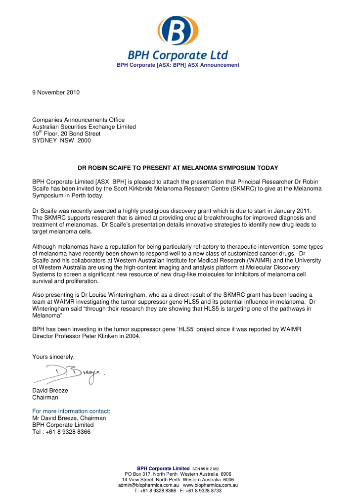 bph corporate asx bph asx announcement 9 november 2010