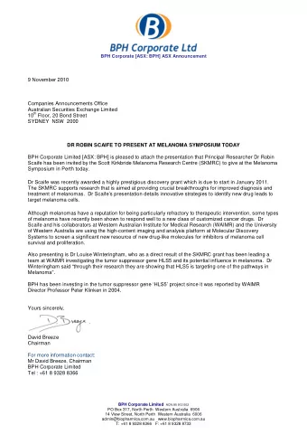 BPH Corporate [ASX: BPH] ASX Announcement  9 November 2010  Companies Announcements Office