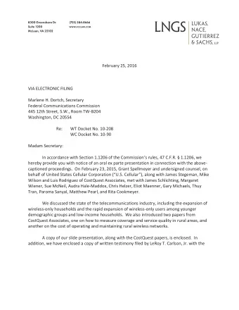February 25, 2016  VIA ELECTRONIC FILING  Marlene H. Dortch, Secretary  Federal Communications