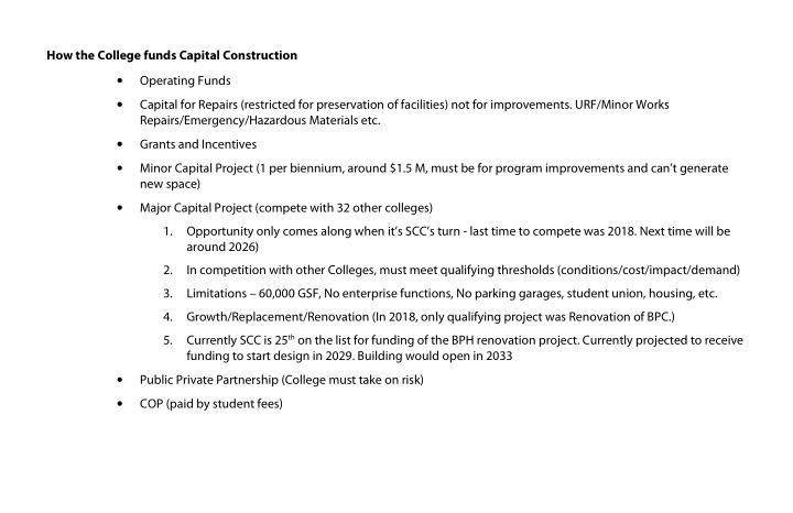 how the college funds capital construction operating