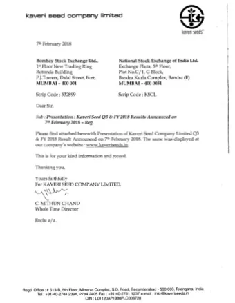y 2018 - 7th Februa  Reg.  Please find attached herewith Presentation of Kaveri Seed Comp any