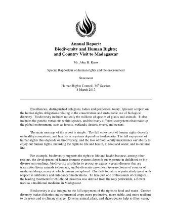Annual Report:  Biodiversity and Human Rights;  and Country Visit to Madagascar  Mr. John H. Knox