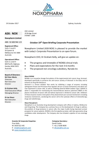 ASX:  NOX  20 Bridge Street  SYDNEY  2000  Noxopharm Limited  ABN  50 608 966 123 October 19 th