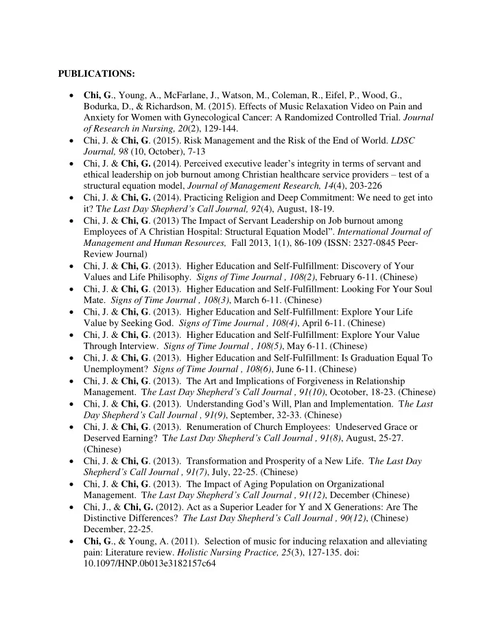 publications chi g young a mcfarlane j watson m coleman r