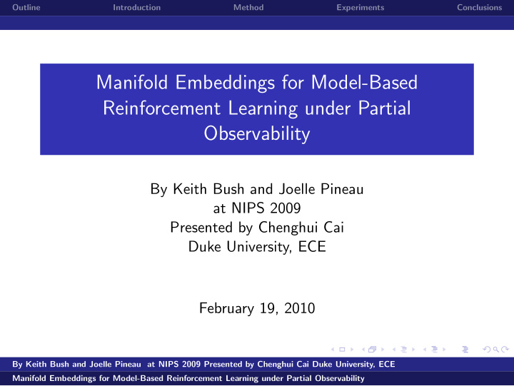 manifold embeddings for model based reinforcement
