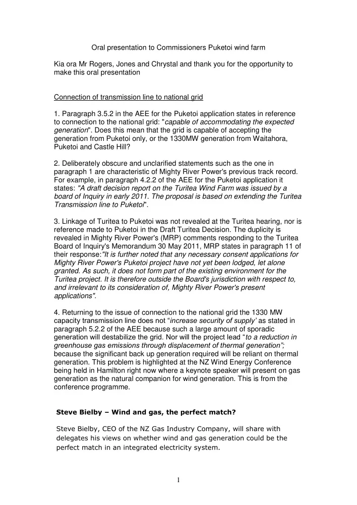 oral presentation to commissioners puketoi wind farm kia