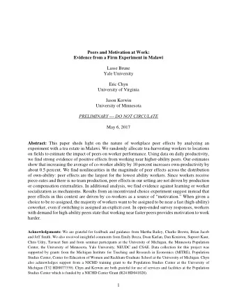 Peers and Motivation at Work:  Evidence from a Firm Experiment in Malawi  Lasse Brune  Yale