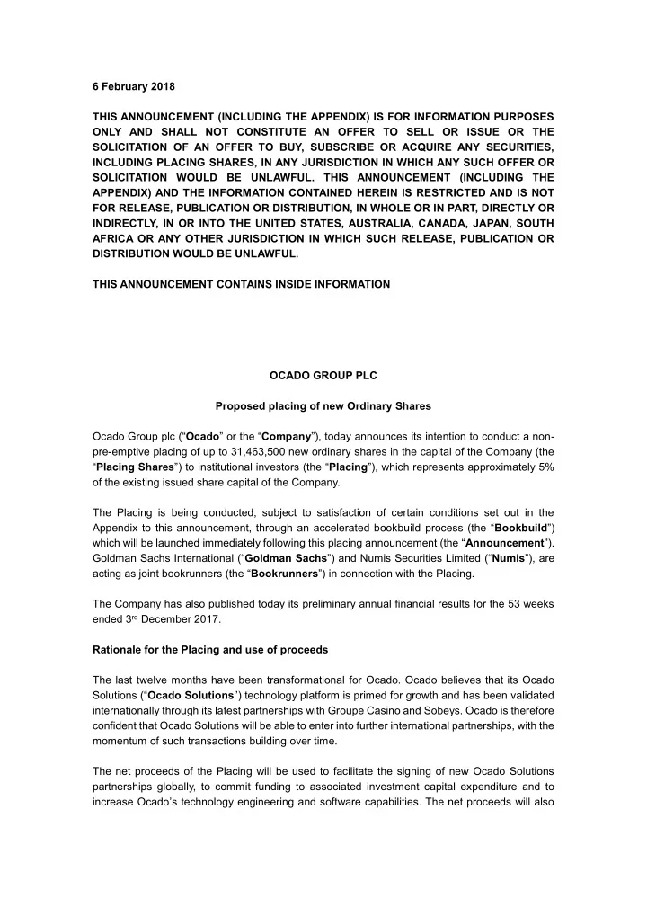 6 february 2018 this announcement including the appendix