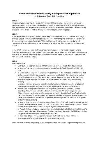 Community benefits from trophy hunting: realities vs pretence  by Dr Louise de Waal - EMS