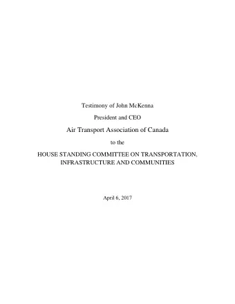 Air Transport Association of Canada  to the  HOUSE STANDING COMMITTEE ON TRANSPORTATION,