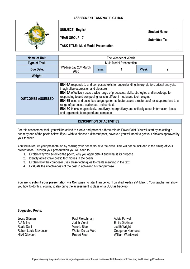 task adjustment options you may select one of the poems