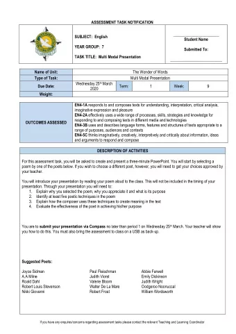 Task adjustment options:  You may select one of the poems provided by your teacher, however, please