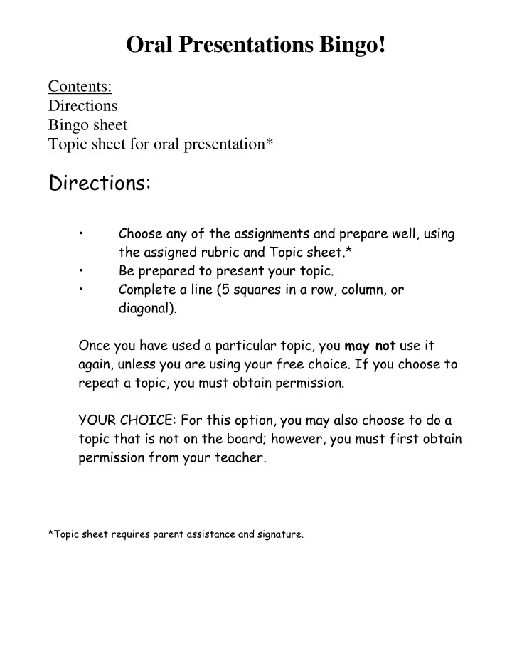 oral presentations bingo