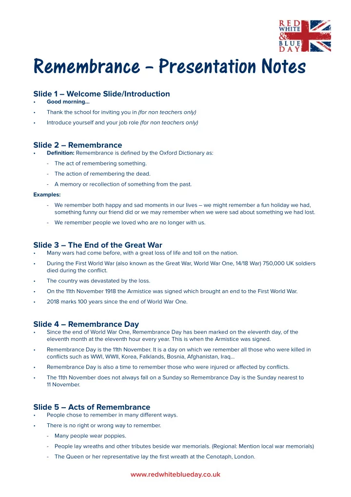 remembrance presentation notes