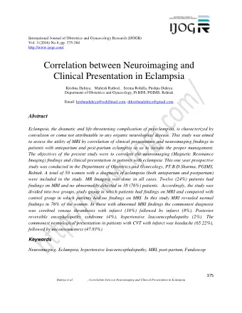 Correlation between Neuroimaging and  Clinical Presentation in Eclampsia  Krishna Dahiya,   Mahesh