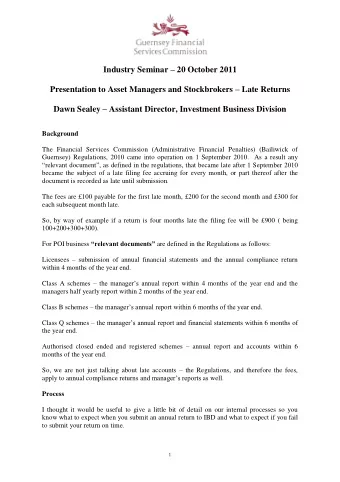 Industry Seminar  20 October 2011 Presentation to Asset Managers and Stockbrokers  Late