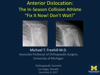 Anterior Dislocation:  The In-Season Collision Athlete  Fix It Now! Dont Wait!  Michael T.