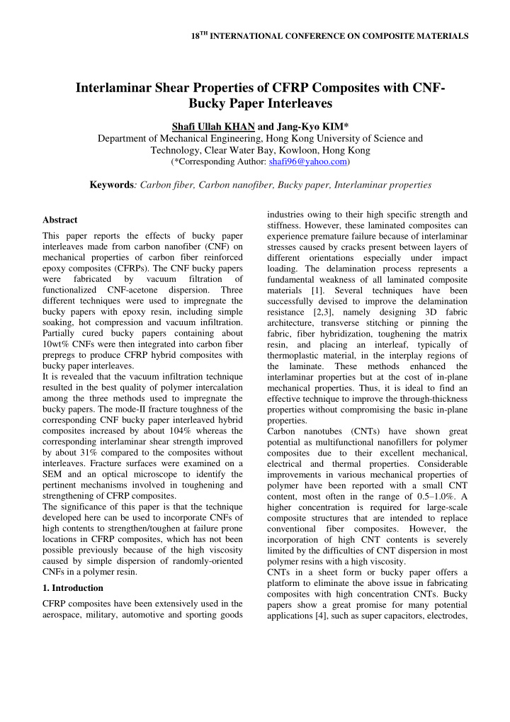 interlaminar shear properties of cfrp composites with cnf