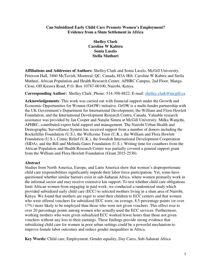 can subsidized early child care promote women s