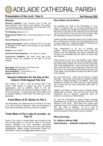 Presentation of the Lord - Year A 2nd February 2020 Dear Sisters and brothers, Worship Entrance