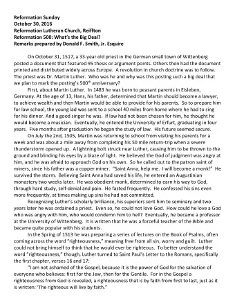 Reformation Sunday  October 30, 2016  Reformation Lutheran Church, Reiffton Reformation 500: