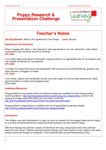 Poppy Research &amp;  Presentation Challenge Teachers Notes The Big Question : What is the